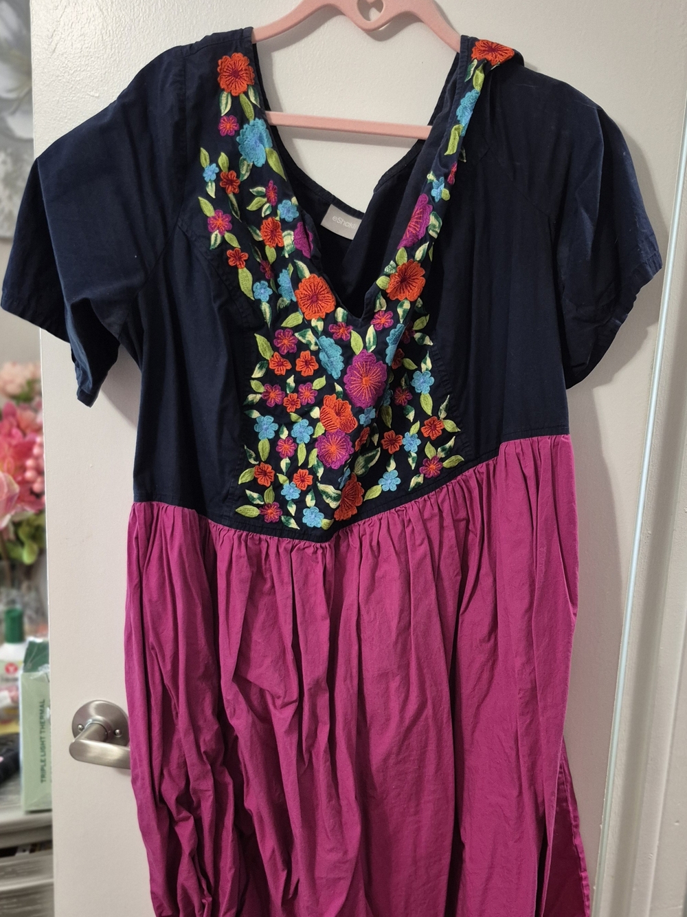 eshakti Navy and Fuchsia Embroidered V-Neck Tunic